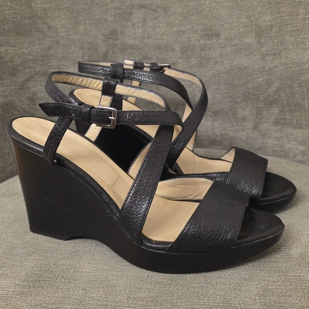 Max Mara Leather‎ Wedge Platform Size 37  US 7 Black  Open Toe